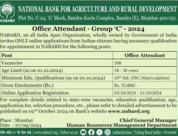 NABARD Office Attendant Notification